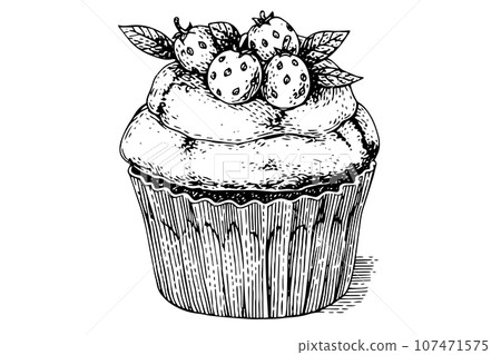 Cupcake with strawberry hand drawn ink sketch. Engraved style retro vector illustration. 107471575