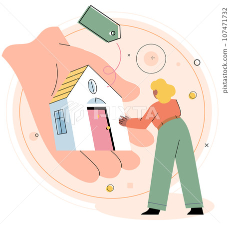 Woman buying and choosing housing, rent and sell property. Rent apartment, buying new house. Mortgage loan, real estate investment. Choice between selling and tenancy home. Home purchase dealing Woman buying and choosing housing, rent and sell property. Rent apartment, buying new house. Mortgage loan, real estate investment. Choice between selling and tenancy home. Home purchase dealing 107471732