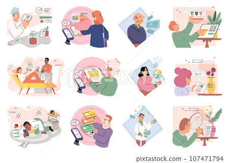 People use mobile cashless payment system or scan qr code vector set. Characters using digital banking service and transactions application for contactless pay. E-banking technology, electronic money 107471794