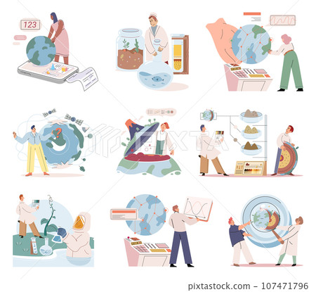 Scientist conducts research to study planet, makes experiments to determine level, state and degree of environmental problems. Studying plant and water, examining biological species vector set 107471796