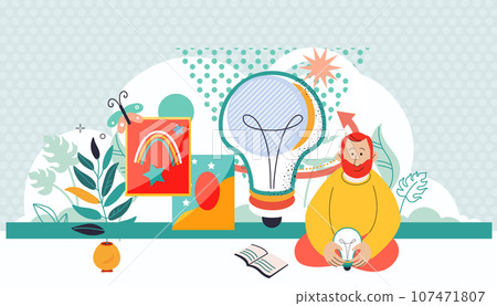 Creativity, genius, new idea concept. Thoughtful man holding lightbulb in hand, thinking for solution gathering ideas for best decision. Person studying gets educated with book, art master class 107471807