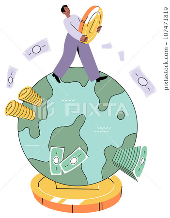 Money transfers and currency exchanges between countries of world. Man with money walks planet, buying and selling. Global stock market, world or international investment, financial operations 107471819