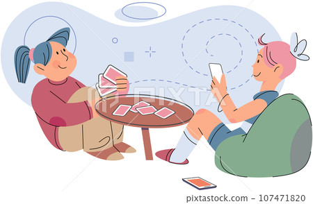 Kids play board game spend time together. Two little girls players sitting at table, group of children friends playing tabletop game, education or memory game cards in playtime, funny home party 107471820