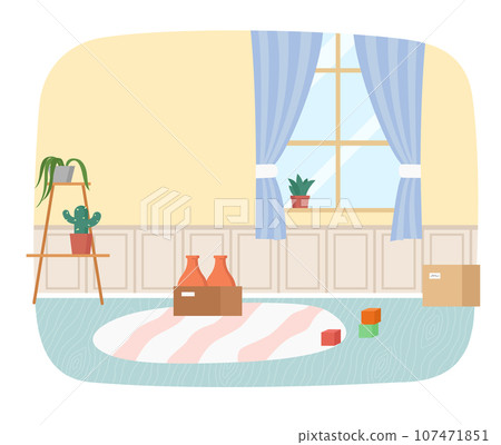 Empty kindergarten room with furniture and toys for young children. Nursery school for learning kids, modern interior of playroom for fun and playing games with big window and indoor houseplants 107471851