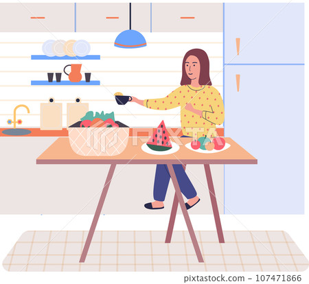 People cooking vegetarian food. Vector illustration. Cute girl cooking homemade meals in kitchen. Cooking dietary dishes. Woman cutting salad ingredients by recipe. Woman preparing salad People cooking vegetarian food. Vector illustration. Cute girl cooking homemade meals in kitchen. Cooking dietary dishes. Woman cutting salad ingredients by recipe. Woman preparing salad 107471866