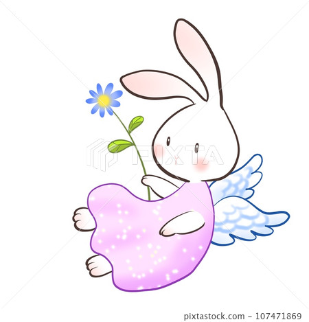 Illustration of an angel rabbit holding a flower 107471869