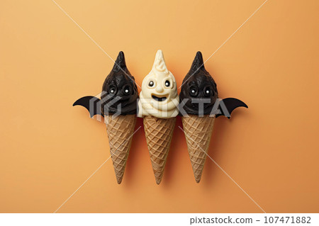 Set of ice cream with halloween character face on orange background. Halloween party background 107471882