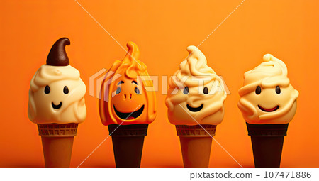 Set of ice cream with halloween character face on orange background. Halloween party background 107471886