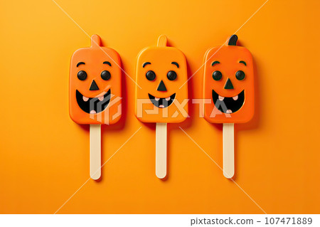 Set of ice cream with halloween character face on orange background. Halloween party background 107471889