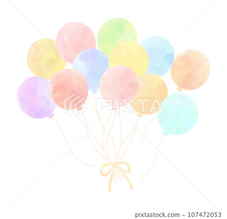 彩色氣球綁著絲帶,水彩風格 彩色氣球綁著絲帶,水彩風格 107472053