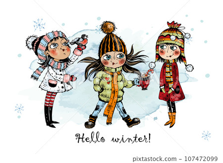 Hello winter. Cute girls in winter. Vector. 107472099