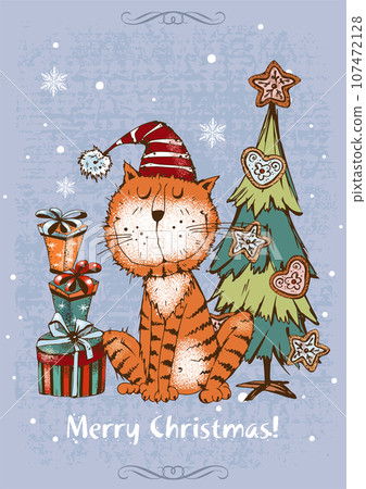 Christmas card with a cute cat in a hat with gifts and a Christmas tree. Vector. Christmas card with a cute cat in a hat with gifts and a Christmas tree. Vector. 107472128