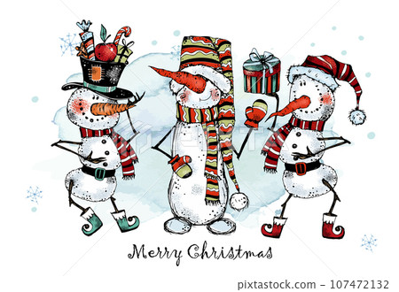 Christmas card. Cute funny snowmen with gifts.... - Stock Illustration ...