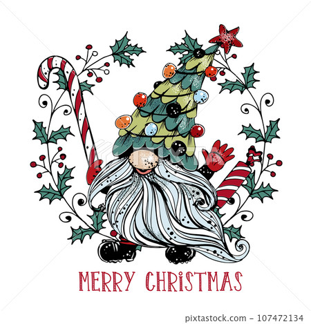 Merry Christmas greeting card. Cute Christmas gnome with gifts in Vector. Merry Christmas greeting card. Cute Christmas gnome with gifts in Vector. 107472134