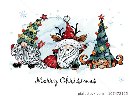 Christmas card with funny Nordic gnomes with gifts. Doodle style. Vector. 107472135