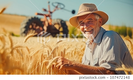 Old farmer mowing wheat in the field smiling Old farmer mowing wheat in the field smiling 107472148