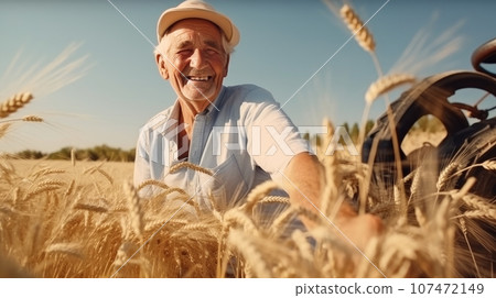 Old farmer mowing wheat in the field smiling Old farmer mowing wheat in the field smiling 107472149