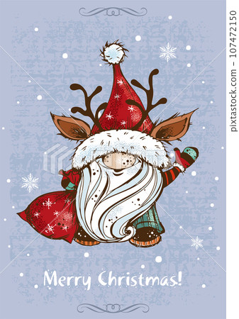 Cute Christmas gnome with gifts in Greeting card. Vector. 107472150
