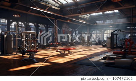 Cinematic shot of interior of an empty gym 107472165