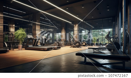 Cinematic shot of interior of an empty gym 107472167