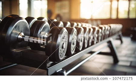 Close up shot of gym equipment, detailed shot of weights 107472175