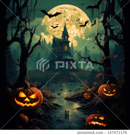 Illustration of a scary smiling pumpkin with carved face with an old castle in the background 107472176