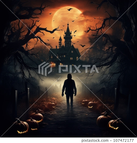 Man standing in front of scary castle, halloween setting 107472177