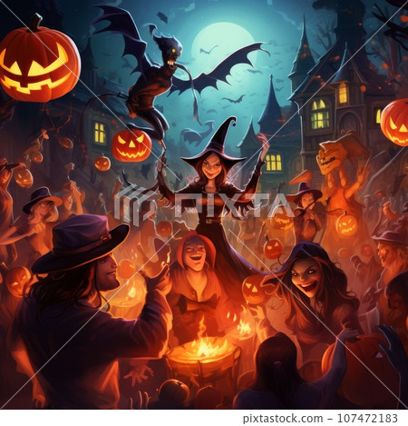 Illustration of a Halloween costume party, magic creatures having fun Illustration of a Halloween costume party, magic creatures having fun 107472183