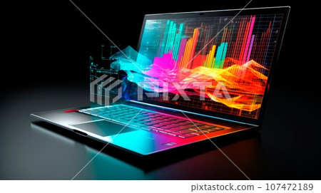 Laptop on the dark background with colorful graphs on the screen Laptop on the dark background with colorful graphs on the screen 107472189