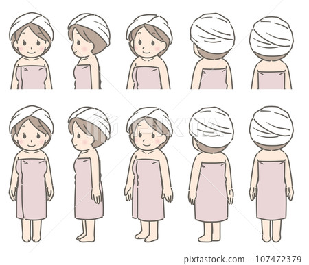 A young woman turns in various directions after taking a bath 107472379