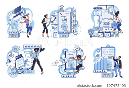 Application testing metaphor. Vector illustration. Application testing, quality assurance step in software lifecycle App test, proving ground where apps robustness is checked Software testing Application testing metaphor. Vector illustration. Application testing, quality assurance step in software lifecycle App test, proving ground where apps robustness is checked Software testing 107472403
