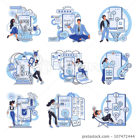 Application testing metaphor. Vector illustration. Application testing, audit that every software must pass App test, endurance test for evaluating apps resilience Software testing, sweep that keeps Application testing metaphor. Vector illustration. Application testing, audit that every software must pass App test, endurance test for evaluating apps resilience Software testing, sweep that keeps 107472444