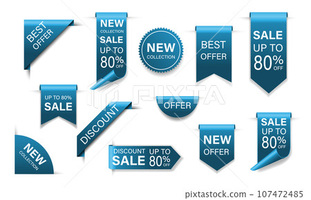 Blue 3D new collection sale tags labels ribbon and badges white text on white background vector 107472485
