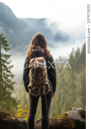A young couple of hikers walk through the forest in rainy weather. A young couple of hikers walk through the forest in rainy weather. 107472655