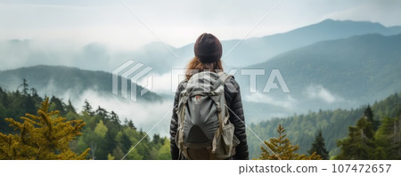 A young couple of hikers walk through the forest in rainy weather. 107472657
