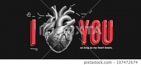 Punk teen print with collage and typography. Halftone style heart with doodle lines. Modern grunge. I love you. Vector illustration 107472674