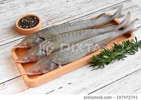 Raw sterlet fish on a wooden plate with pepper 107472741