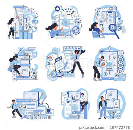 Application testing metaphor. Vector illustration. App test, challenge course for testing apps limits Software testing, broom that sweeps away coding errors Application testing, detector identifying Application testing metaphor. Vector illustration. App test, challenge course for testing apps limits Software testing, broom that sweeps away coding errors Application testing, detector identifying 107472778