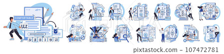 User experience design. Vector illustration. UX, driving force behind intuitive user interface Designing software, craft that prioritizes user interface User interface, first impression maker User experience design. Vector illustration. UX, driving force behind intuitive user interface Designing software, craft that prioritizes user interface User interface, first impression maker 107472781