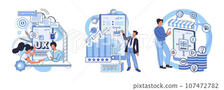 Application testing metaphor. Vector illustration. App test, rehearsal stage before actual performance Software testing, gatekeeper ensuring no bugs pass quality threshold Application testing 107472782