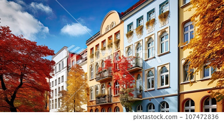 The houses are in a row. The onset of autumn. Autumn landscape 107472836