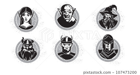 Fantasy character silhouette, vector medieval avatar RPG game role classes icon set, magic wizard. Fantasy character silhouette, vector medieval avatar RPG game role classes icon set, magic wizard. 107473200