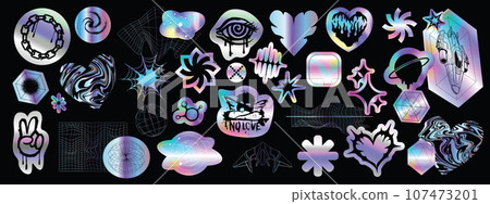 Holograph u2k sticker set, hologram cyber holo icon pack, vector space neon foil retro acid badge. Holograph u2k sticker set, hologram cyber holo icon pack, vector space neon foil retro acid badge. 107473201