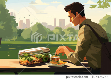 A man eats homemade food from a lunchbox 107473258