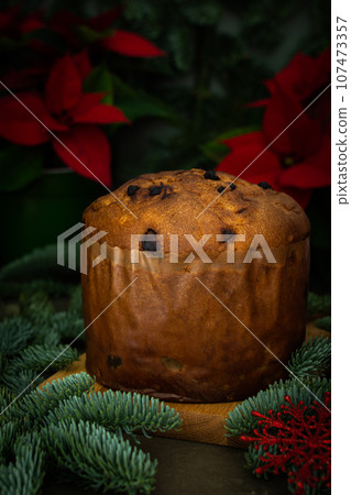 Christmas cake and Poinsettia flower Christmas cake and Poinsettia flower 107473357