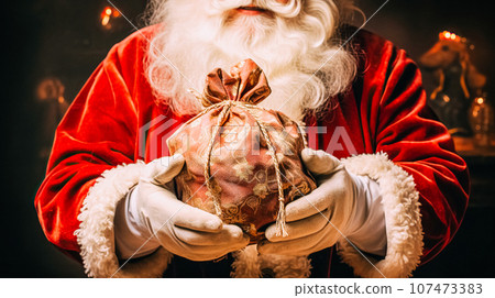 Fairytale Good Santa Claus holds a gift with a red satin ribbon in his hands. Magical winter holidays 107473383