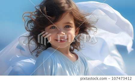 AI-generated content. Banner with happy little girl with white milk tooth with copy space AI-generated content. Banner with happy little girl with white milk tooth with copy space 107473412