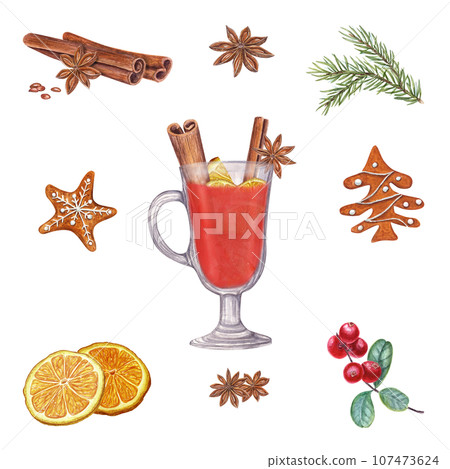 Winter beverage ingredients set. Hot spicy punch. Red berries, spruce branch, Xmas gingerbread cookies. Mulled red wine with cinnamon, star anise, orange. Watercolor illustration Winter beverage ingredients set. Hot spicy punch. Red berries, spruce branch, Xmas gingerbread cookies. Mulled red wine with cinnamon, star anise, orange. Watercolor illustration 107473624