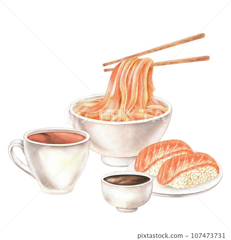 Japanese Food noodles and sushi. Watercolor illustration Isolated on white background. Hand drawn rice ball with salmon. Drawing of Korean cuisine for menu design and printing Japanese Food noodles and sushi. Watercolor illustration Isolated on white background. Hand drawn rice ball with salmon. Drawing of Korean cuisine for menu design and printing 107473731
