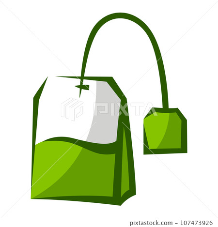 Tea bag with green tea. Illustration of traditional drink. 107473926
